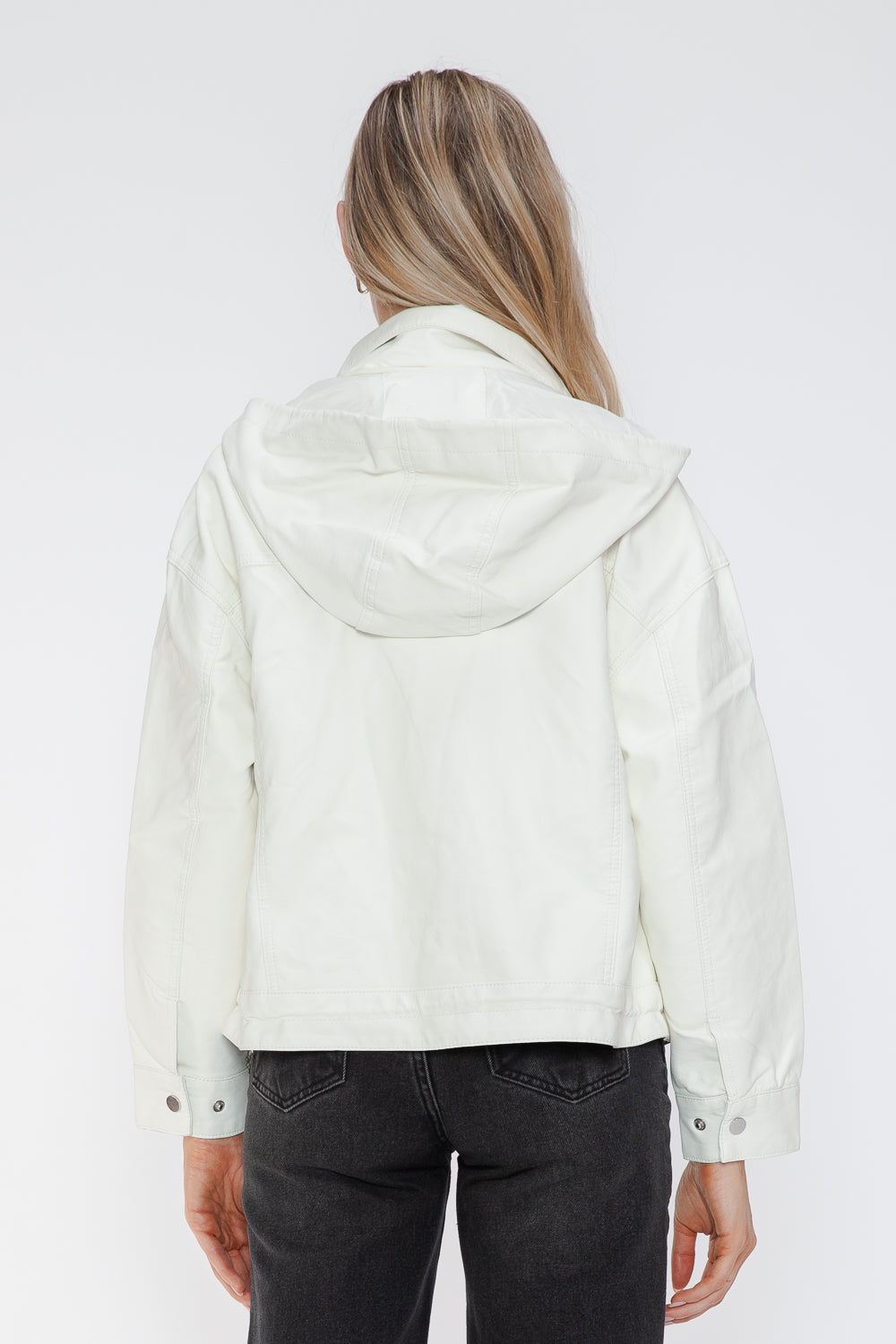 How Dare U My Favorite Layer Drawstring Hem PU Leather Zip Up Jacket in White