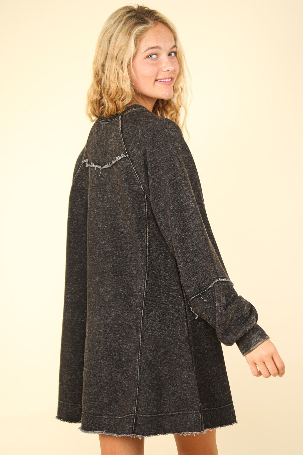 VERY J Oversized Memories Mineral Washed Oversized A-Line Mini Dress in Black