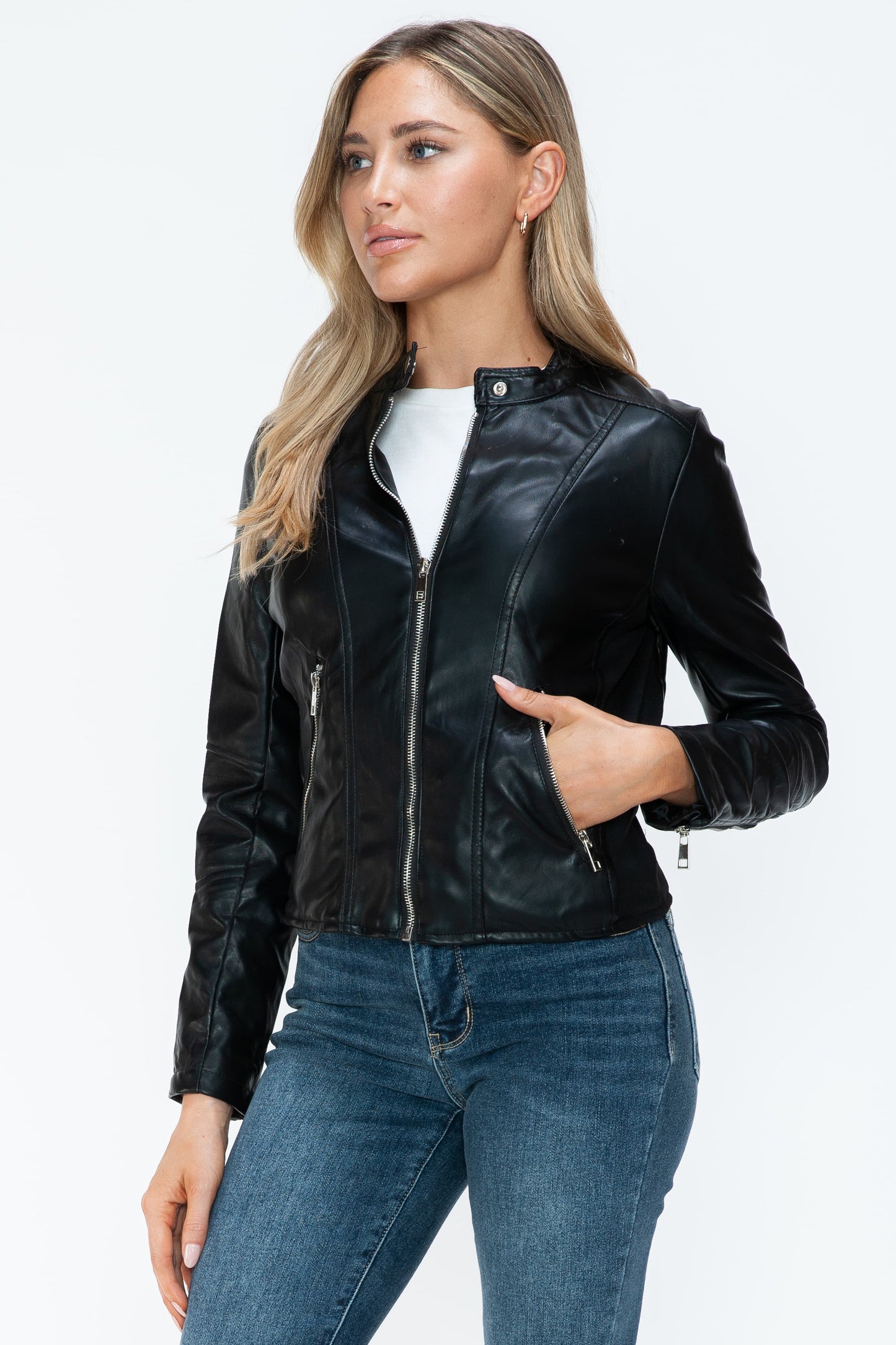 Snobbish Biker Babe PU Leather Zip Up Jacket with Pockets in Black