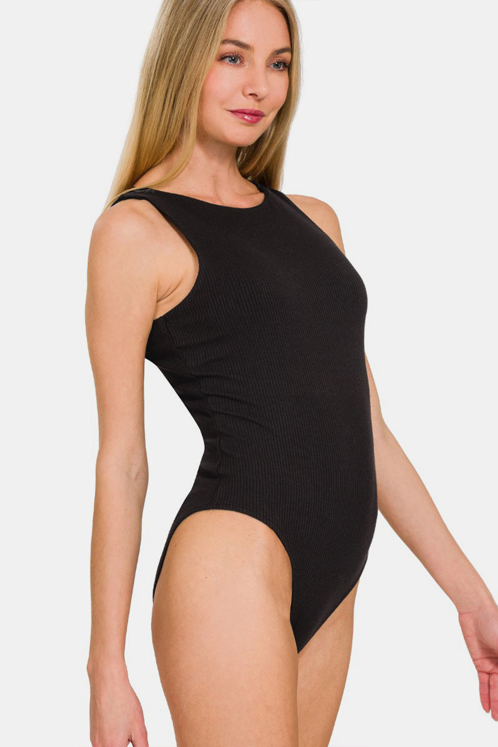 Zenana Keeping It Simple Ribbed Double Layered Bodysuit in Black