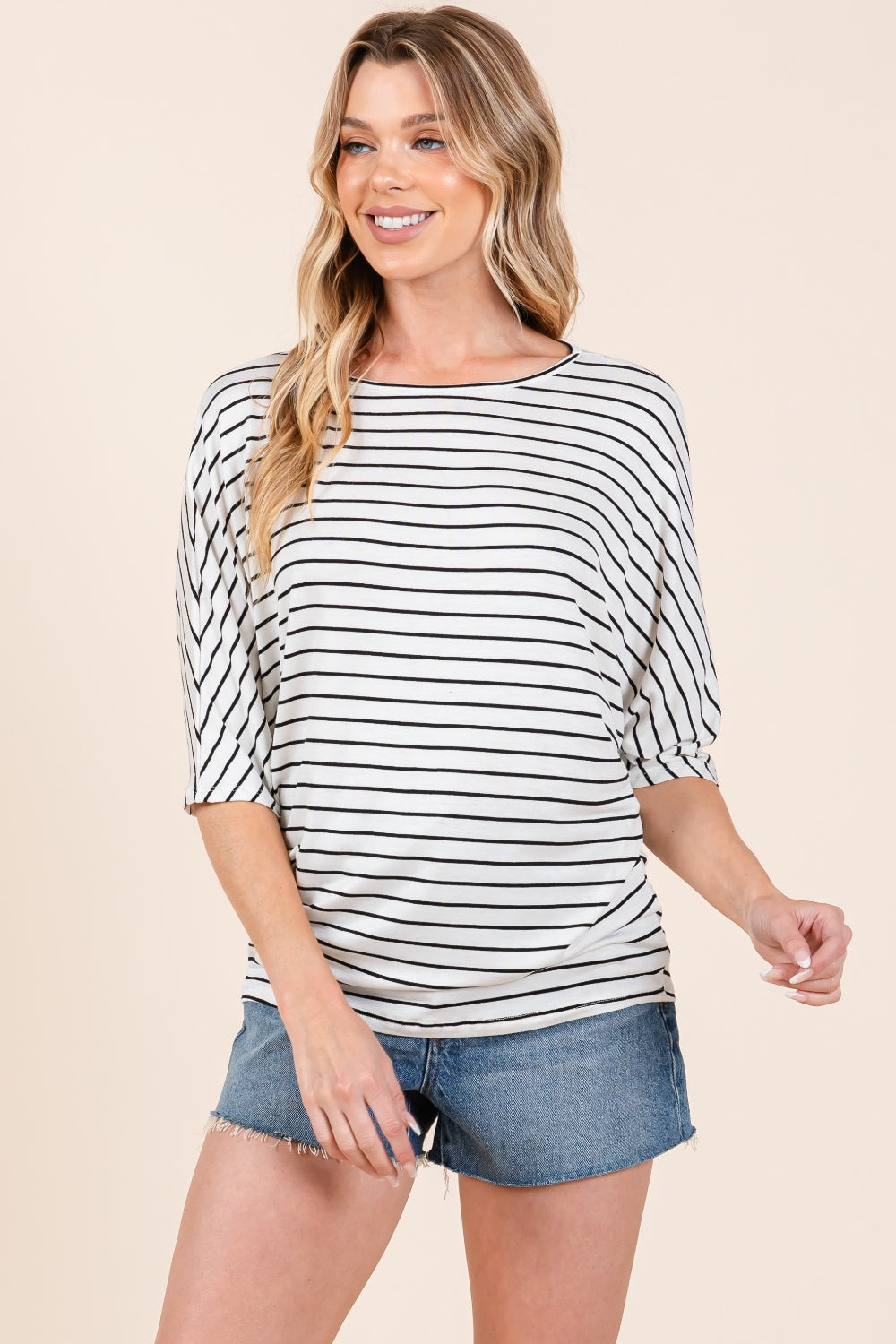 BOMBOM Casually Striped Boat Neck Dolman Sleeve Top in Ivory