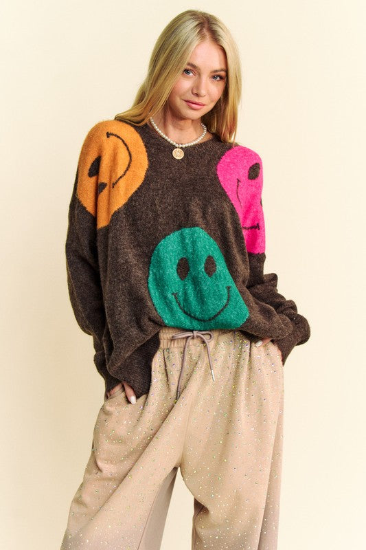 Davi & Dani Cozy Vibes & Big Smiles Contrast Oversize Sweater in Dark Brown