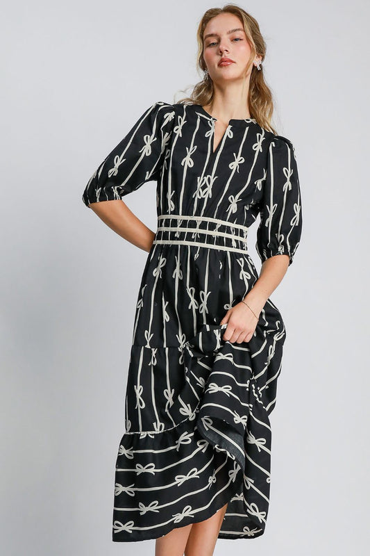 Umgee When Life Gives You Bow Ties Print Notched Neck Contrast Velvet Trim Midi Dress in Black