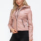 Snobbish Embrace The Day Faux Leather Zip Up Drawstring Hooded Jacket in Mauve