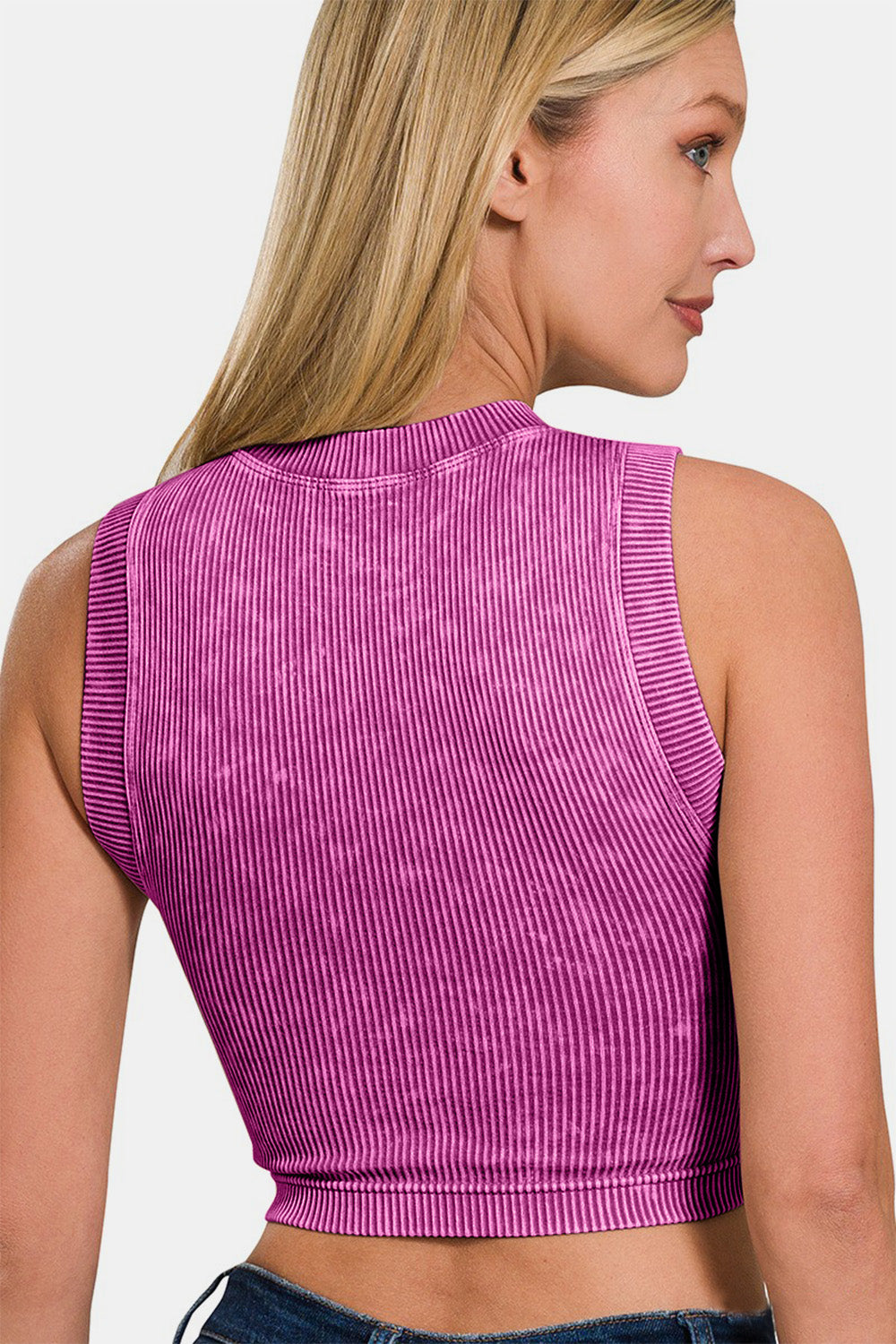 Zenana Make Your Own Summer Washed Ribbed Seamless Crop Tank with Bra Pad in Light Plum