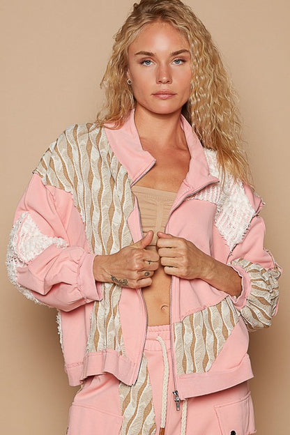 POL Self Expressed Applique Patchwork Zip Up Jacket in Watermelon Pink