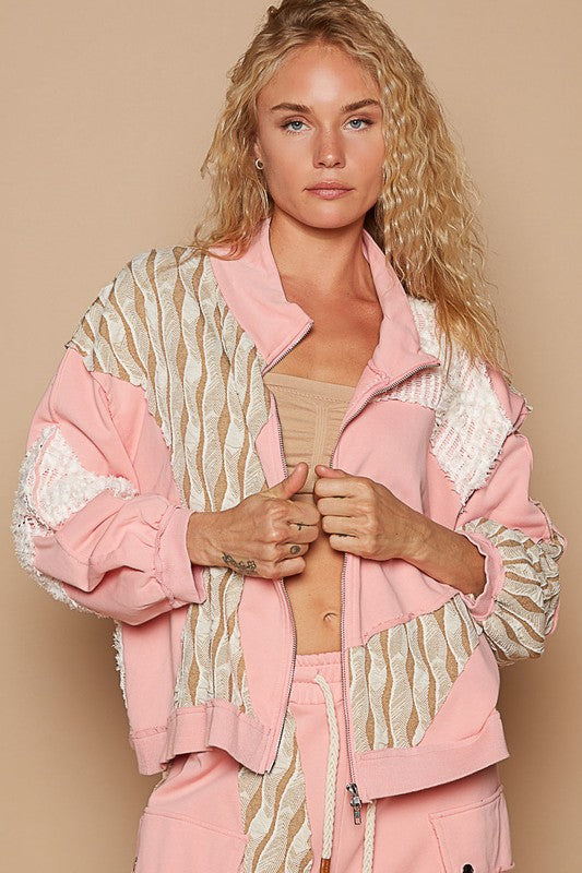 POL Self Expressed Applique Patchwork Zip Up Jacket in Watermelon Pink