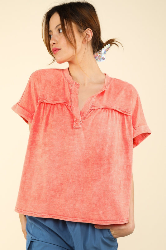VERY J Head In The Clouds Nochted Short Sleeve Washed T-Shirt in Coral
