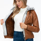 YMI Fuzzy Feels Faux Layered Double-Zipper Jacket with Fuzzy Hood in Camel