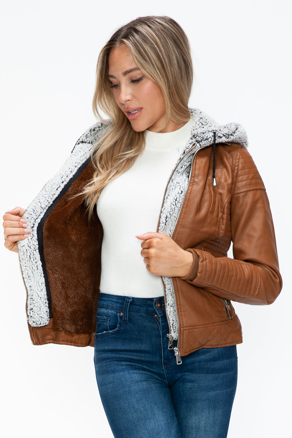 YMI Fuzzy Feels Faux Layered Double-Zipper Jacket with Fuzzy Hood in Camel