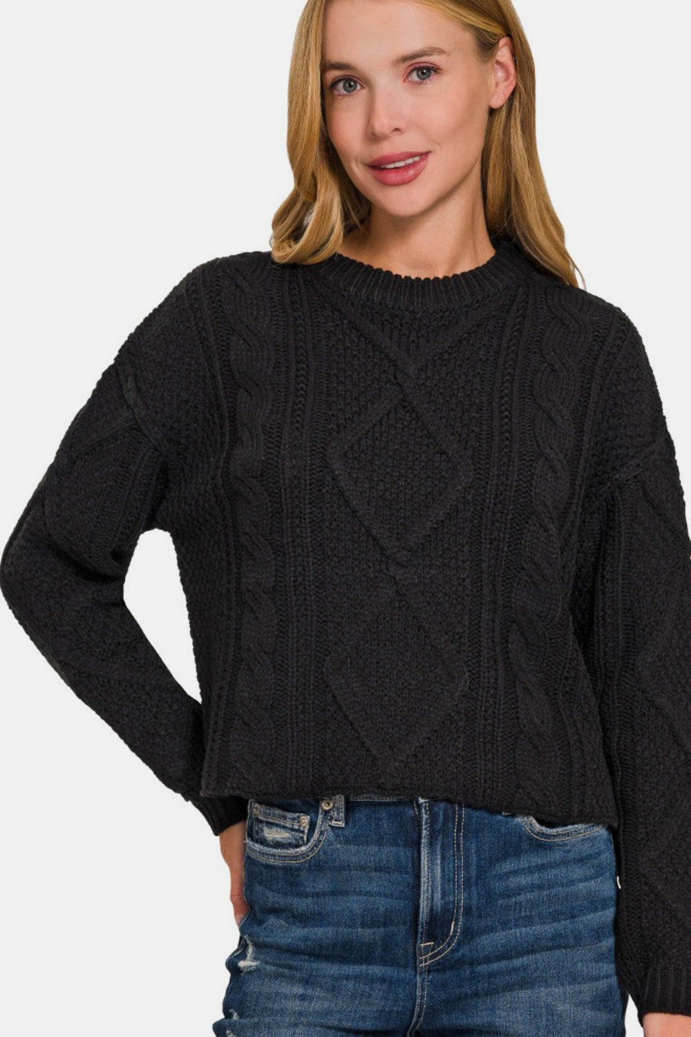 Zenana My Chilliest Adventure Cropped High Low Cable Sweater with Side Slits in Black