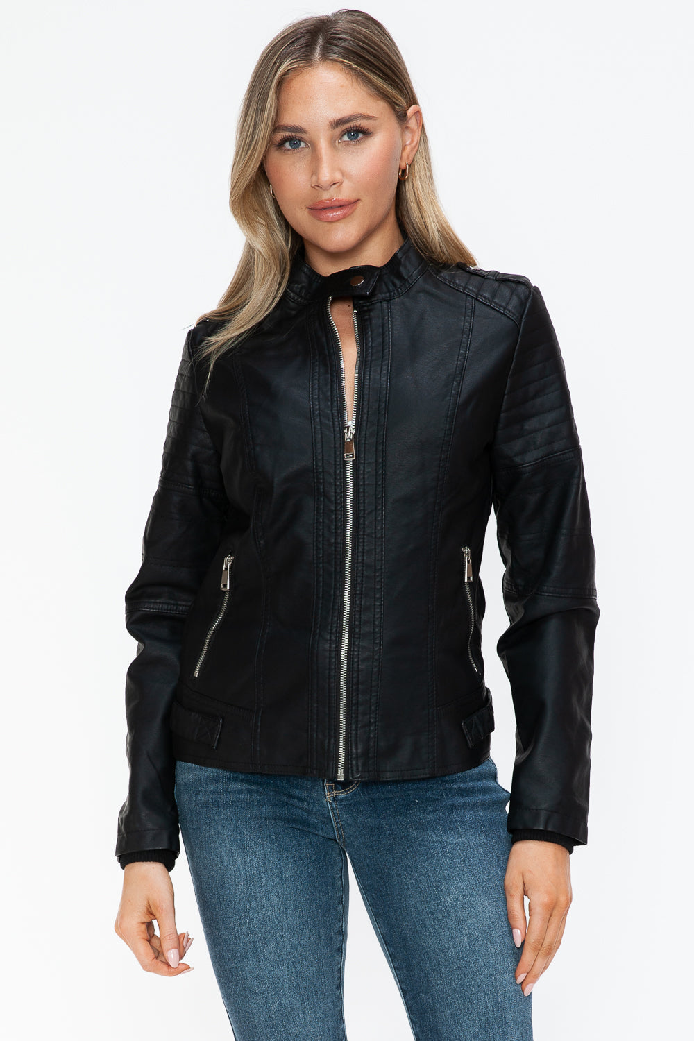 Snobbish Born To Ride PU Leather Biker Jacket with Side Zip Pockets in Black