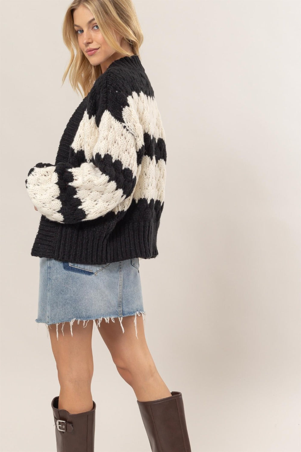 HYFVE Hugs and Kisses Scallop Striped Open Front Long Sleeve Sweater Cardigan