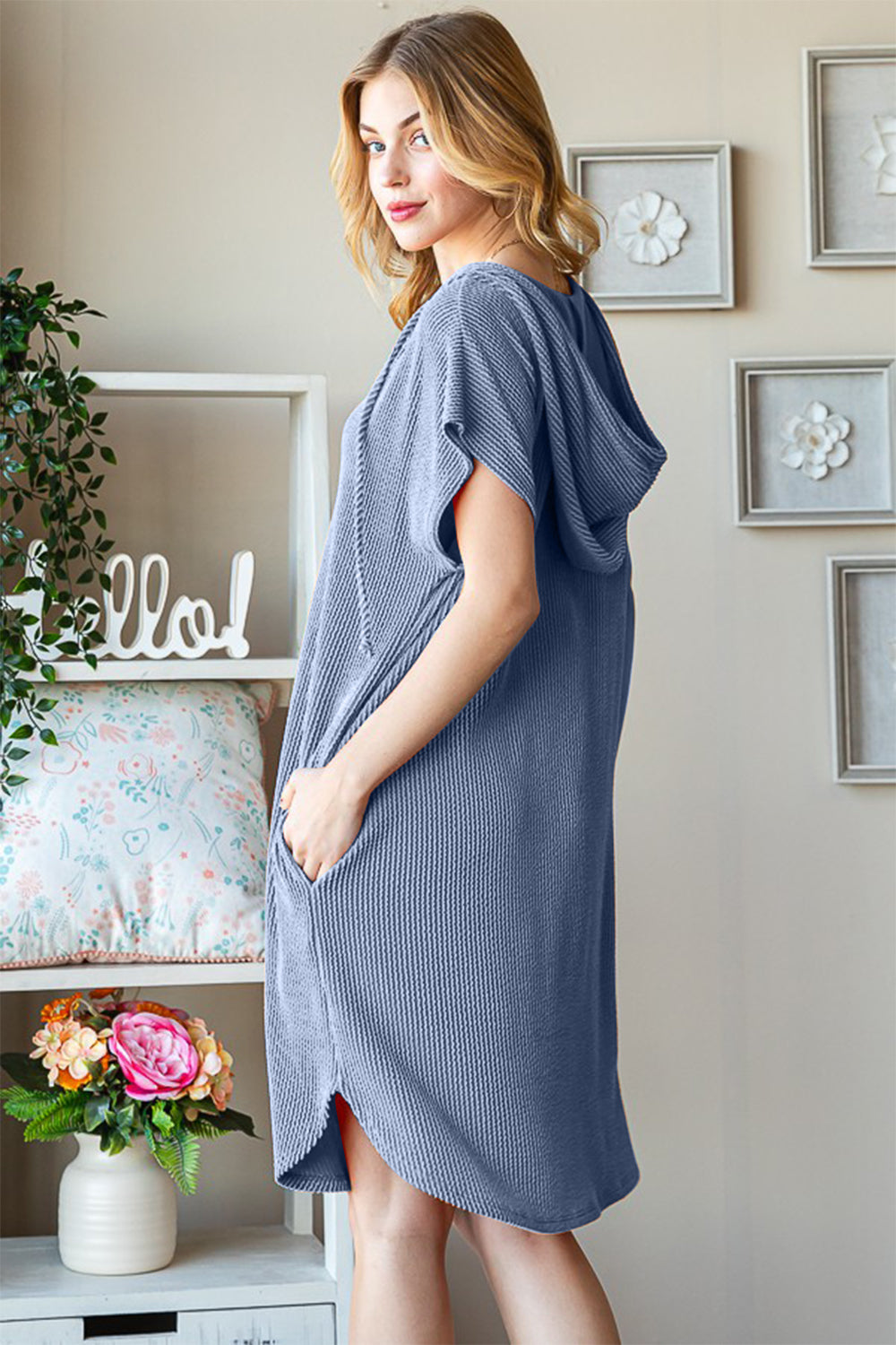 Heimish Vintage In Denim Ribbed Short Sleeve Hooded Dress