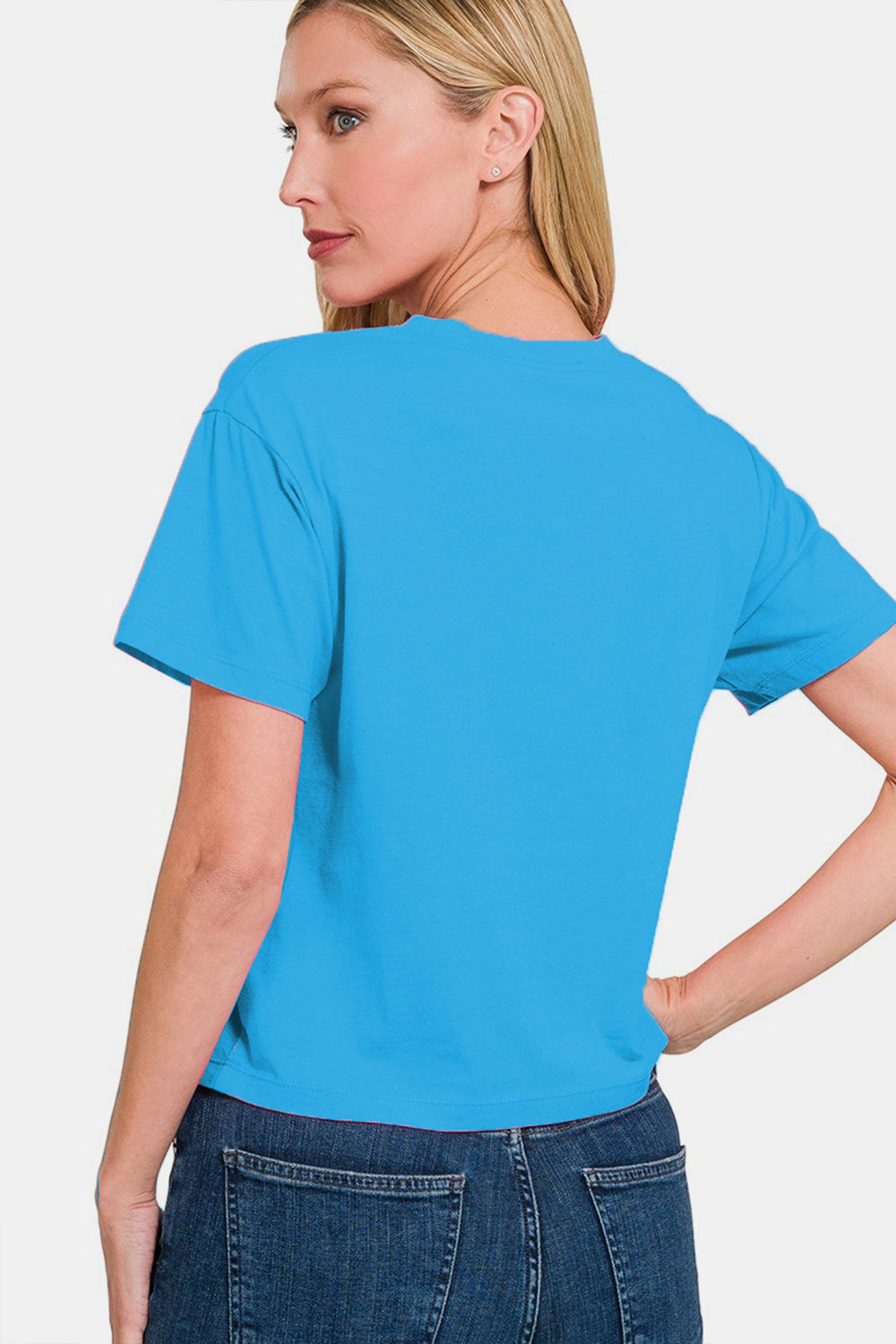 Zenana Expressions Short Sleeve Cropped T-Shirt in Deep Sky