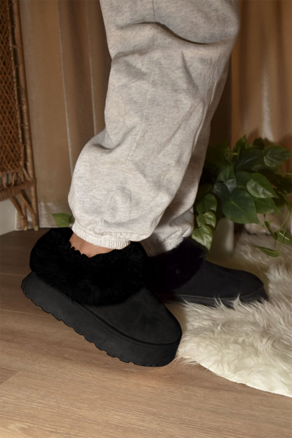 WILD DIVA Furry Friends Faux-Fur Platform Slip On Booties in Black