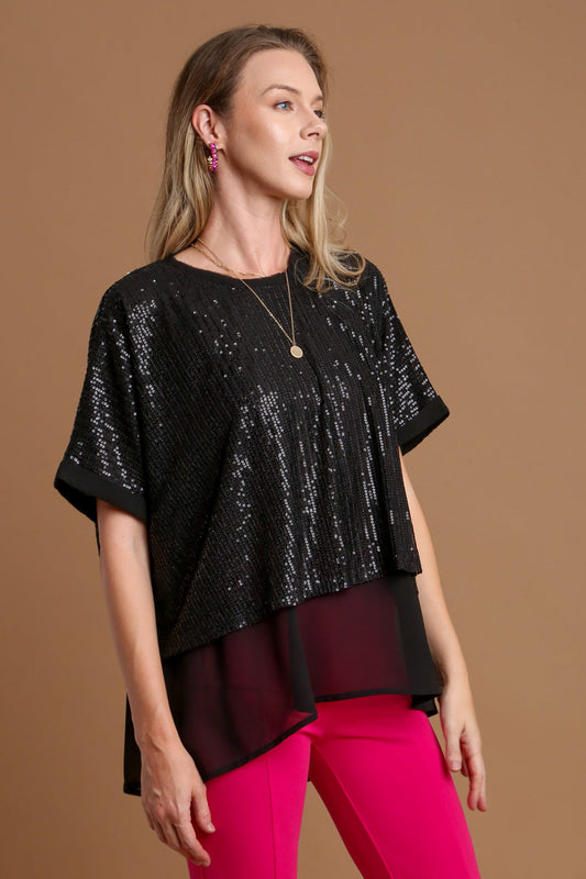 Umgee Layers of Sparkle Sequin Half Sleeve Layered Blouse