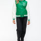 Love Me Now Bring The Love PU Leather Contrast Snap Down Bomber Jacket in Green/Milk