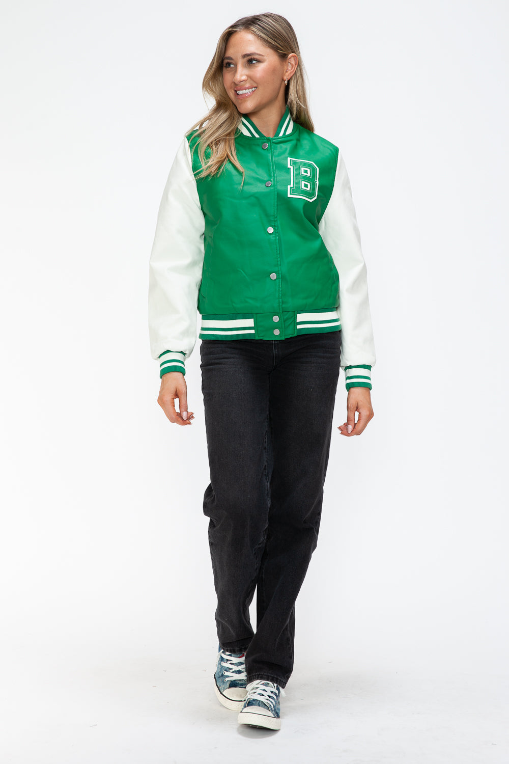 Love Me Now Bring The Love PU Leather Contrast Snap Down Bomber Jacket in Green/Milk