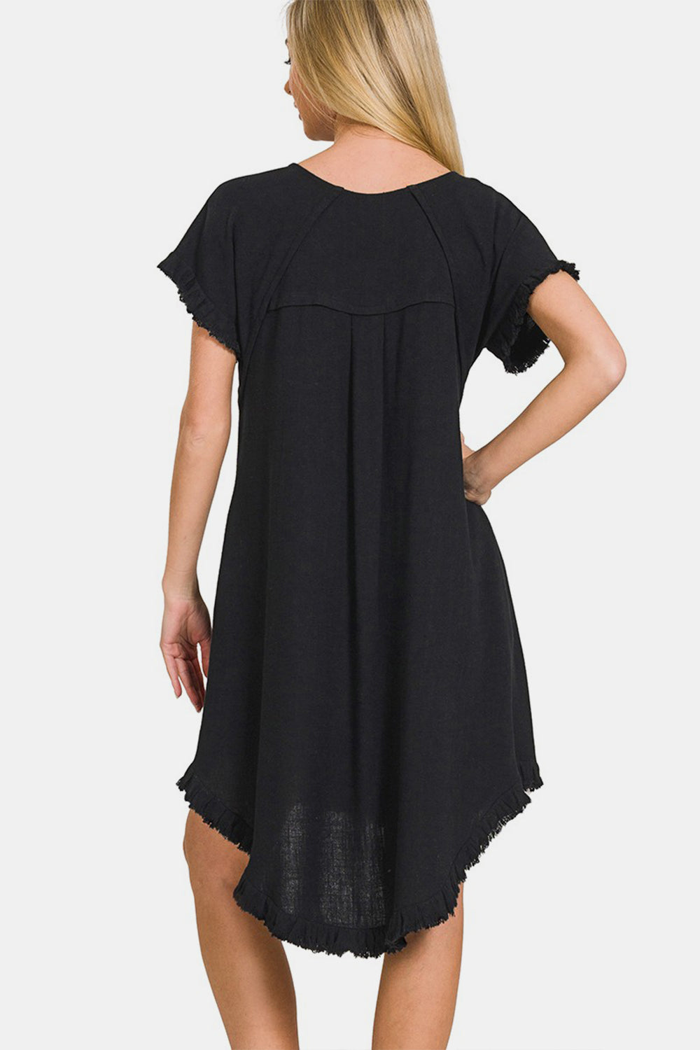 Zenana Spotted Downtown Fringe Edge High Low Flowy Dress with Pockets in Black