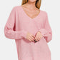 Zenana By The Fire High-Low Center Seam V-Neck Sweater in Dusty Pink