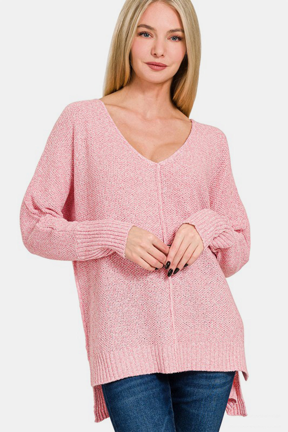 Zenana By The Fire High-Low Center Seam V-Neck Sweater in Dusty Pink