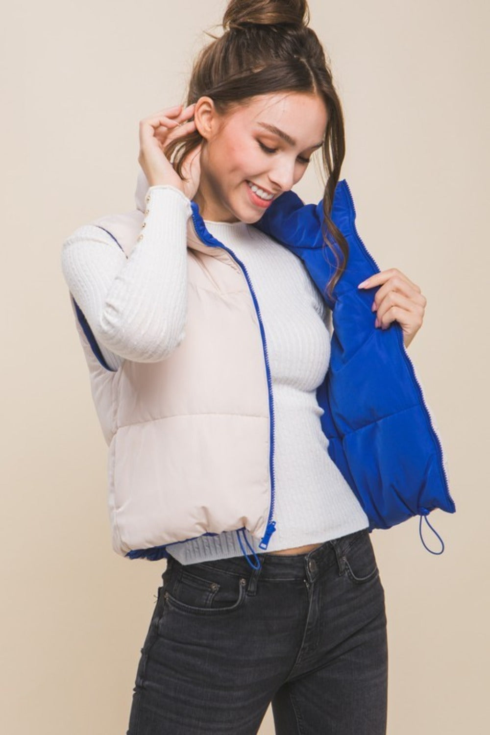 Love Tree Two Faced Zip Up Cropped Contrast Reversible Vest in Azure