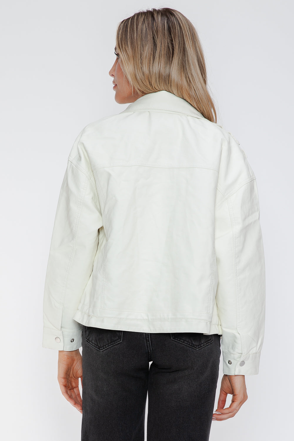 How Dare U My Favorite Layer Drawstring Hem PU Leather Zip Up Jacket in White