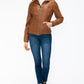 YMI Fuzzy Feels Faux Layered Double-Zipper Jacket with Fuzzy Hood in Camel