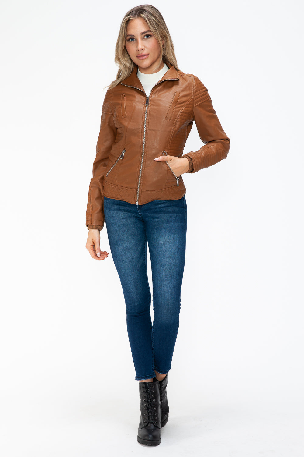 YMI Fuzzy Feels Faux Layered Double-Zipper Jacket with Fuzzy Hood in Camel