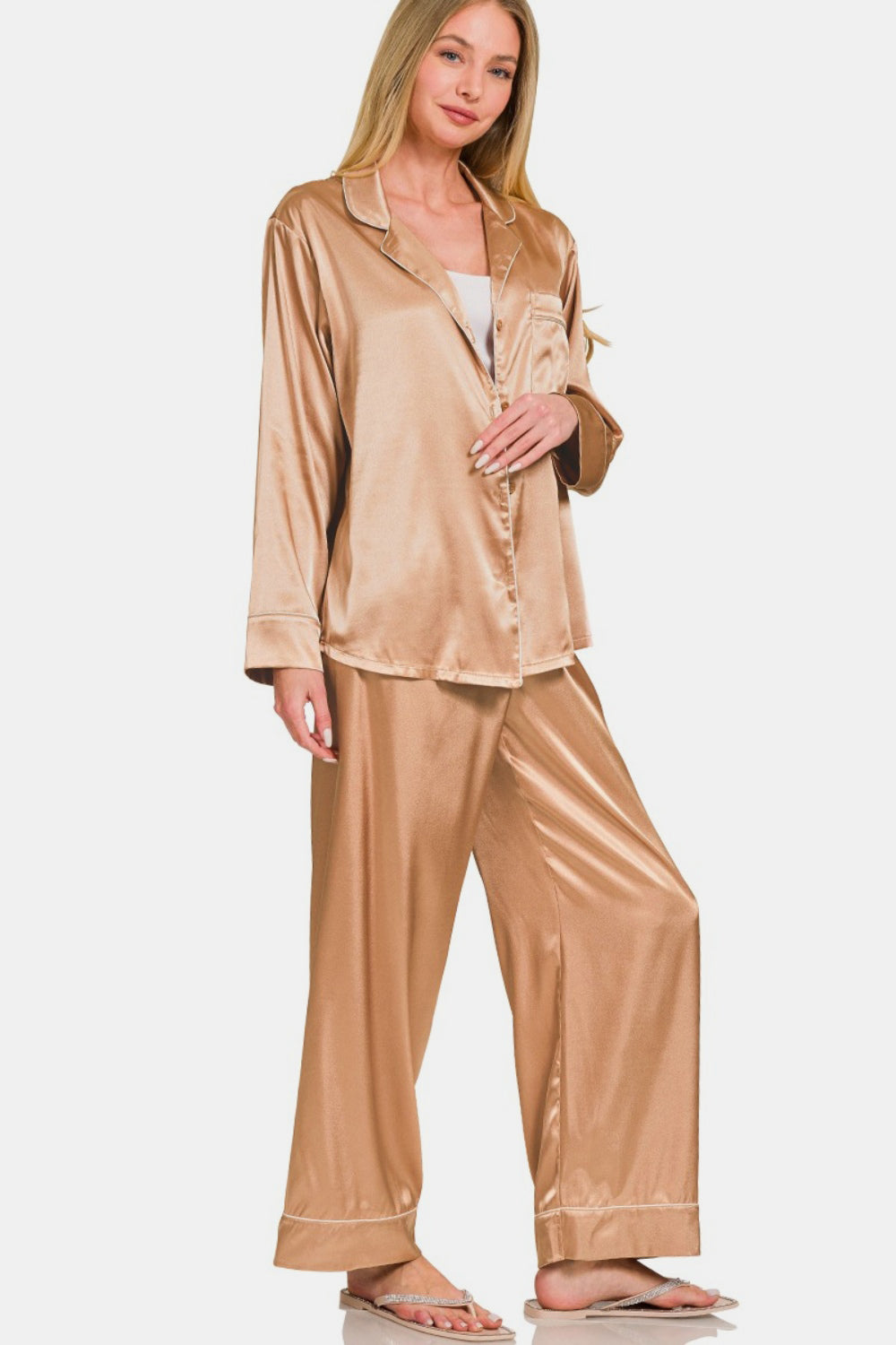 Zenana Wrapped In Satin Long Sleeve Shirt and Pants Pajama Set in Brush