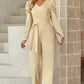 Wife Mom Boss Belted Long Puff Sleeve V-Neck Jumpsuit