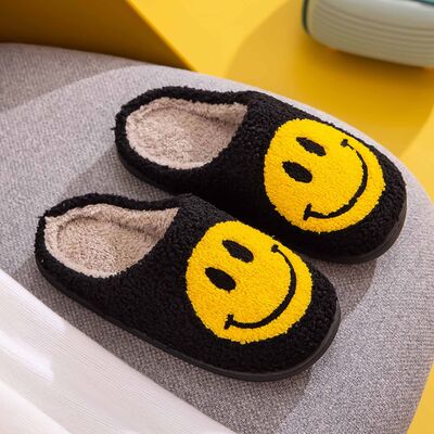 Melody A Perfect Day Smiley Face Cozy Slippers in Black/Yellow