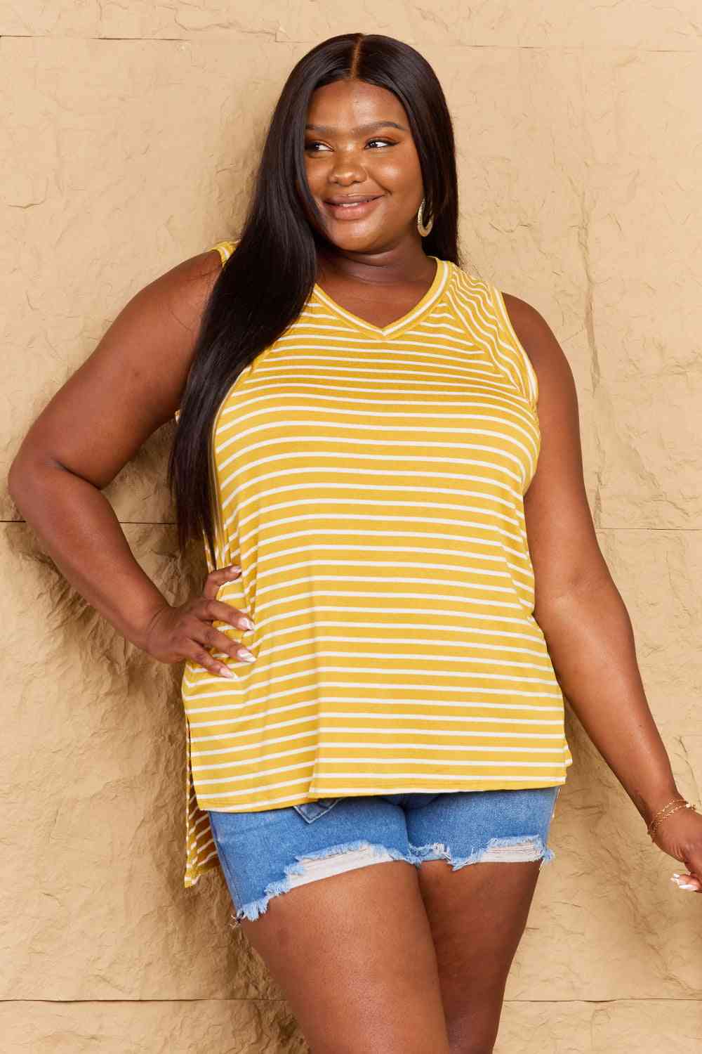 Doublju Talk To Me Striped Sleeveless V-Neck Top in Yellow Gold