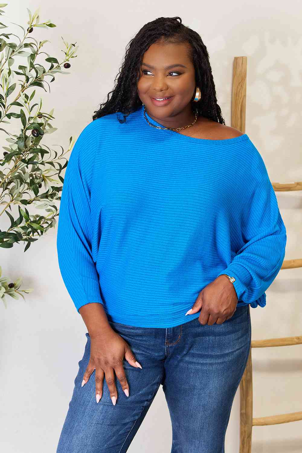 Zenana Fall Vibin' Batwing Sleeve Blouse in Cobalt Blue