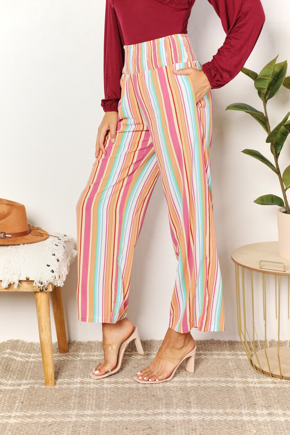 Double Take Keep Smiling Striped Smocked Waist Pants with Pockets