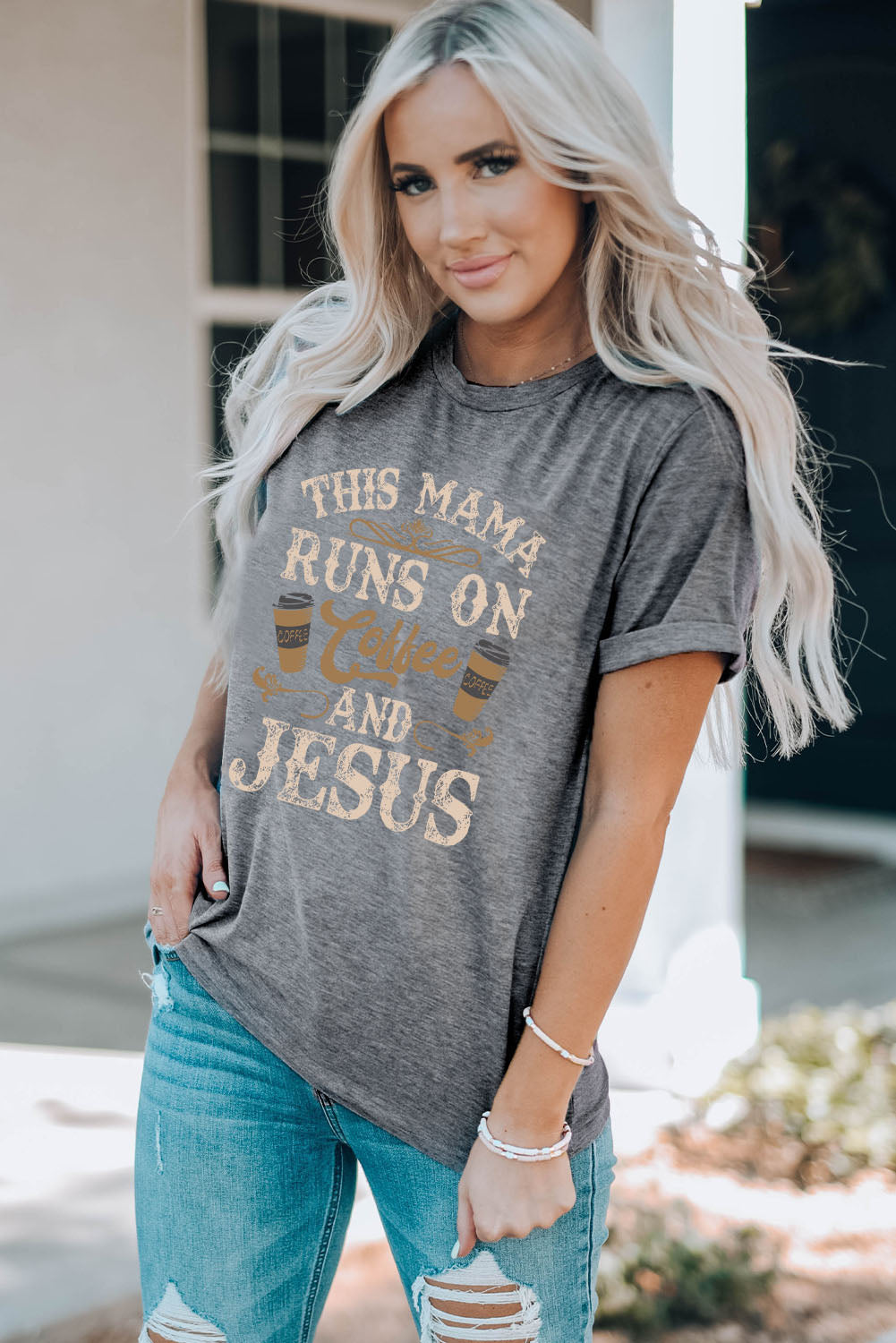 This Mama Runs on Coffee and Jesus Round Neck Graphic Tee