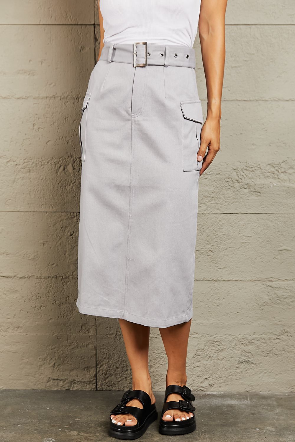 HYFVE Professional Poise Buckled Midi Skirt in Light Gray