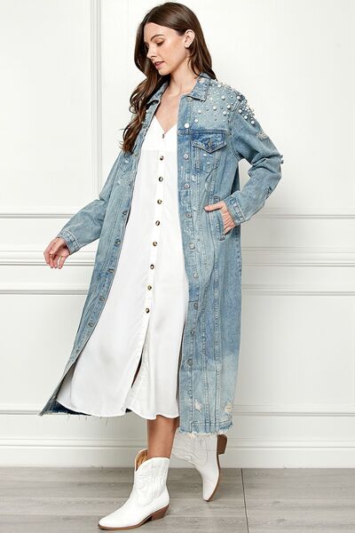 Veveret Pearl Distressed Raw Hem Pearl Detail Button Up Jacket