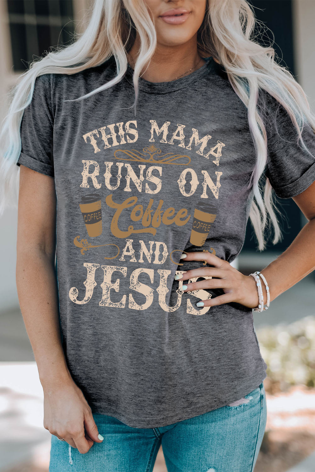 This Mama Runs on Coffee and Jesus Round Neck Graphic Tee