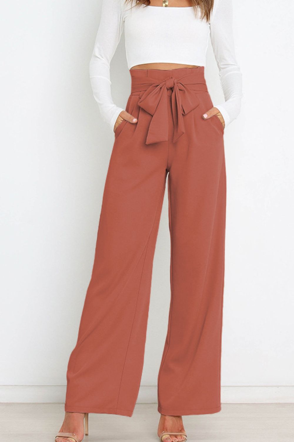 Office Chic Tie Front Wide Paperbag Waist Leg Pants