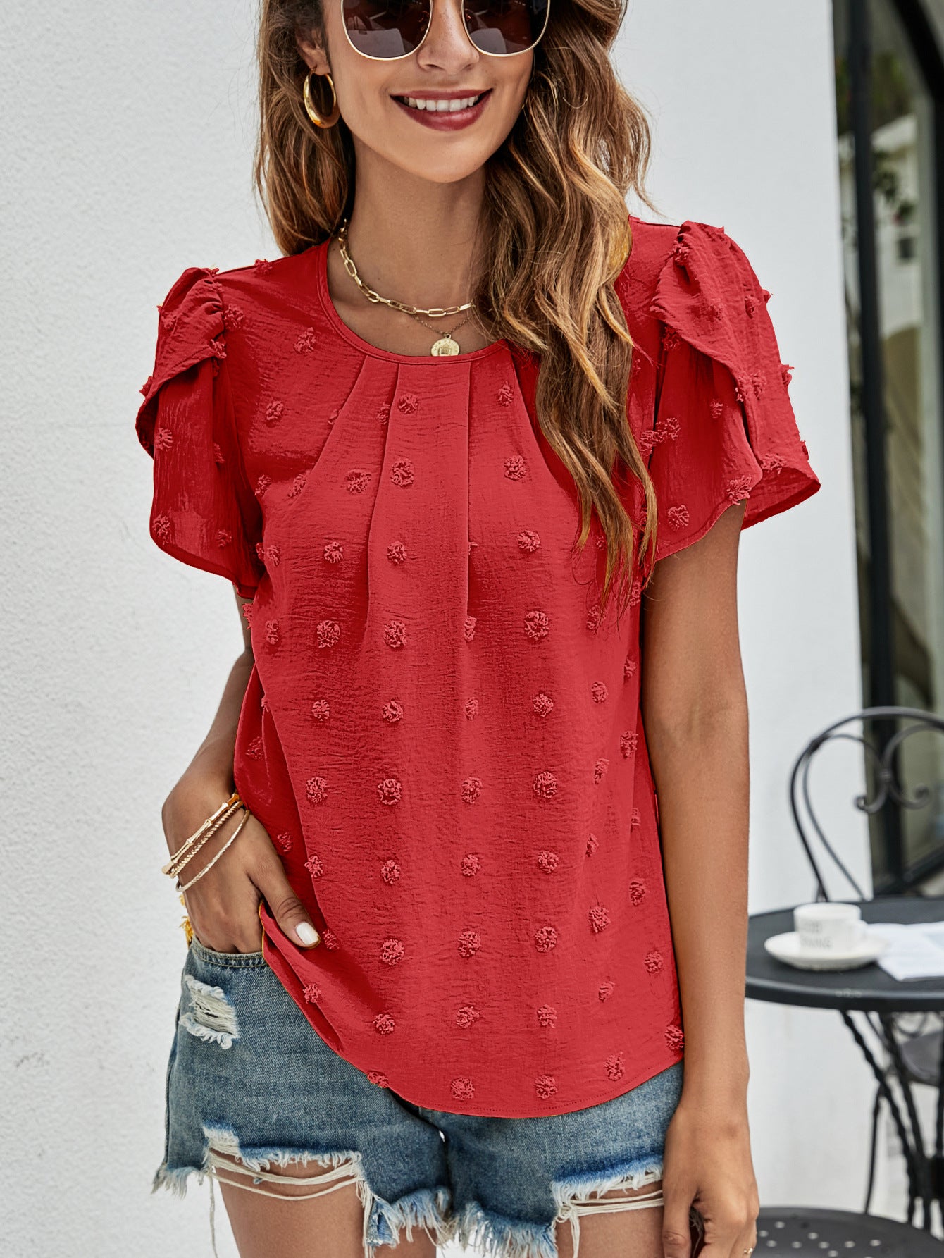 Wildly Bloom Swiss Dot Round Neck Petal Sleeve Top