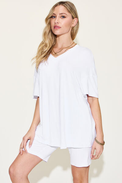 Basic Bae In The Moment V-Neck Drop Shoulder Short Sleeve T-Shirt and Shorts Set