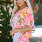 Pink Sunrise Floral Round Neck Three-Quarter Sleeve Top