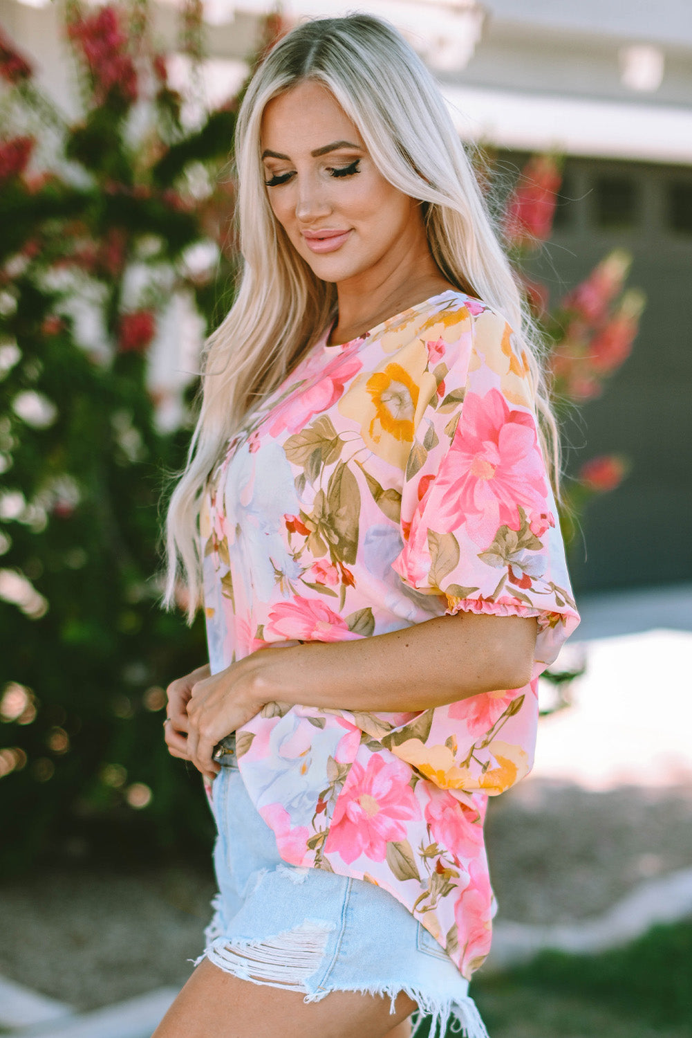 Pink Sunrise Floral Round Neck Three-Quarter Sleeve Top