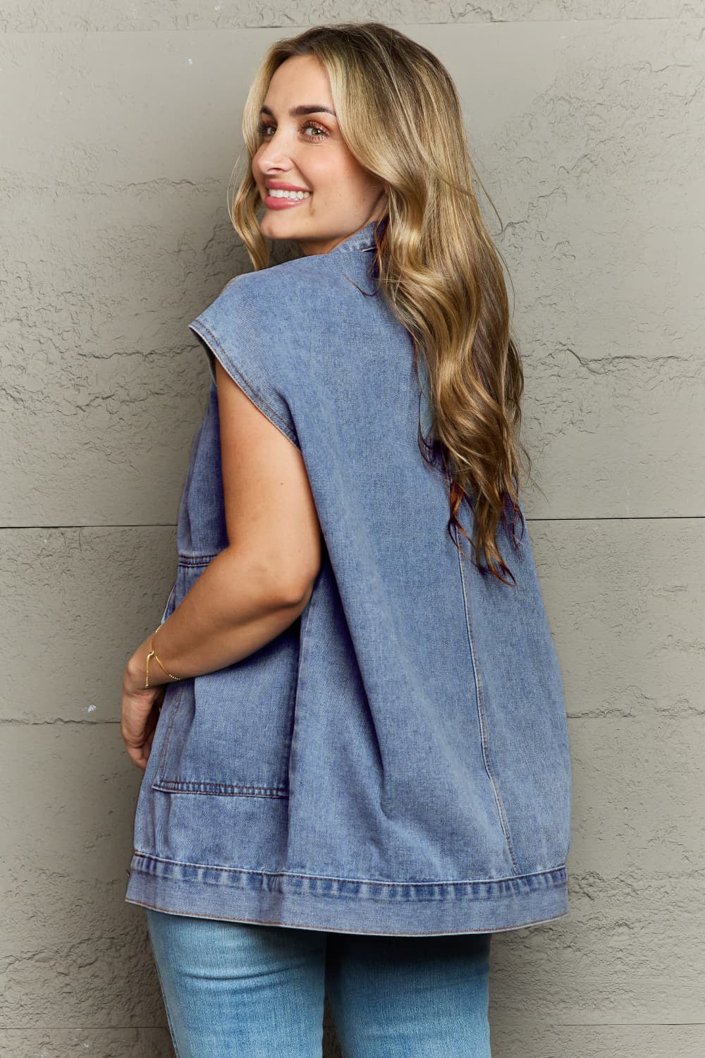 The Freakin' Weekend Collared Neck Sleeveless Denim Top with Pockets