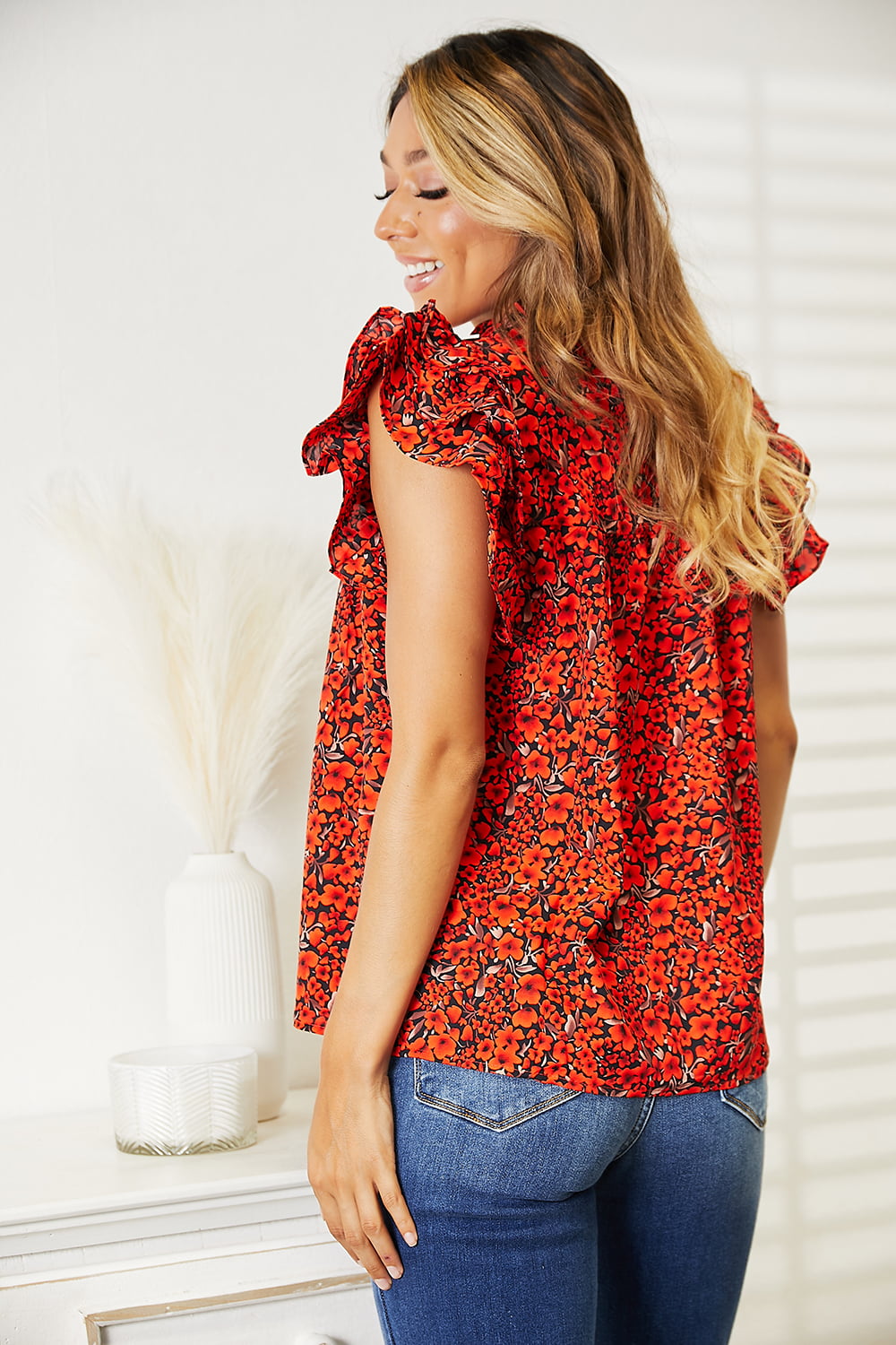 Double Take Wildflowers Flutter Sleeve Floral Notched Neck Blouse