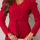 Wife Mom Boss Belted Long Puff Sleeve V-Neck Jumpsuit