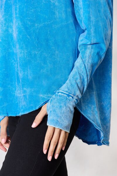 Zenana Smitten Long Sleeve Top with Thumbhole Sleeves in Ocean Blue