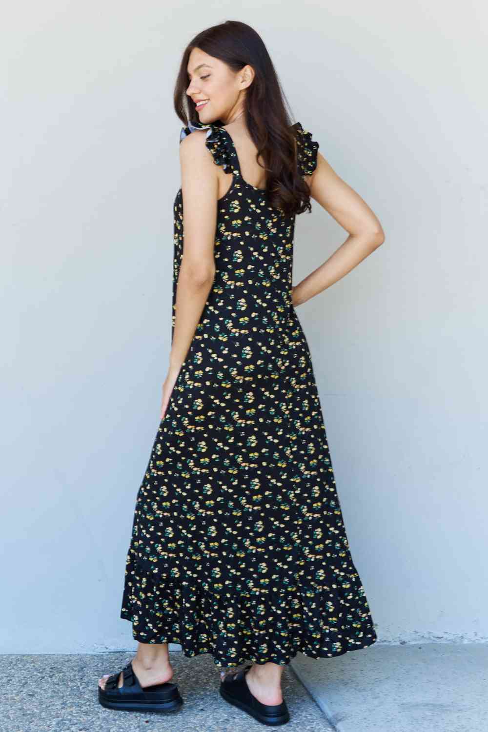 Doublju In The Garden Floral Ruffle Maxi Dress in Black Yellow Floral